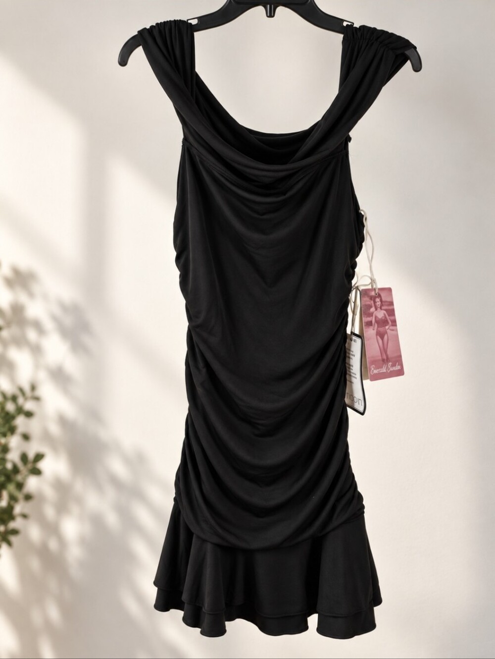 Emerald Sundae NWT Black Ruched Cowl Neck Mini Dress Size L Bodycon Ruffle Y2k